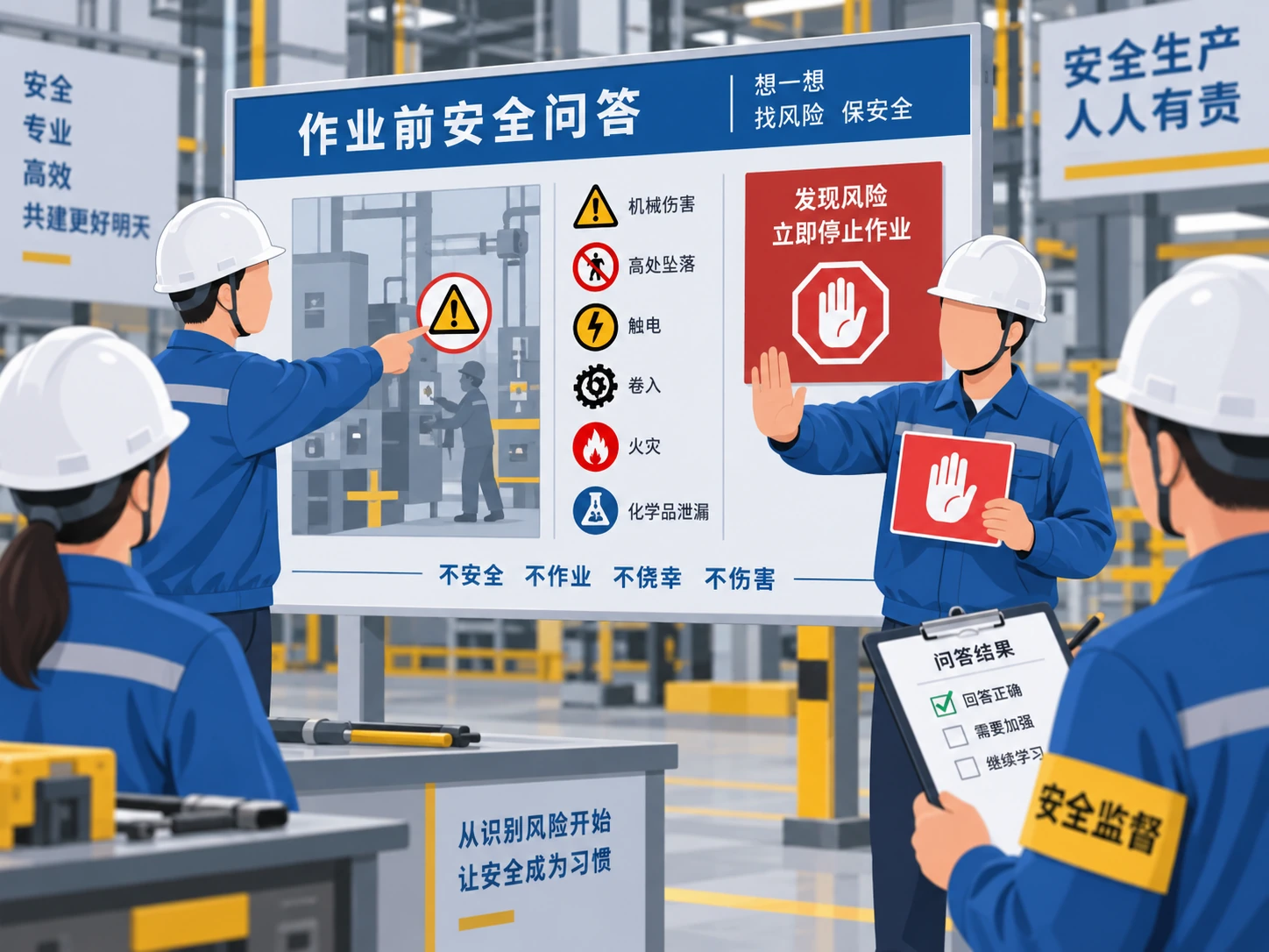 班组成员用情景卡回答风险变化和停工报告问题并在记录表上标记结果的示意图