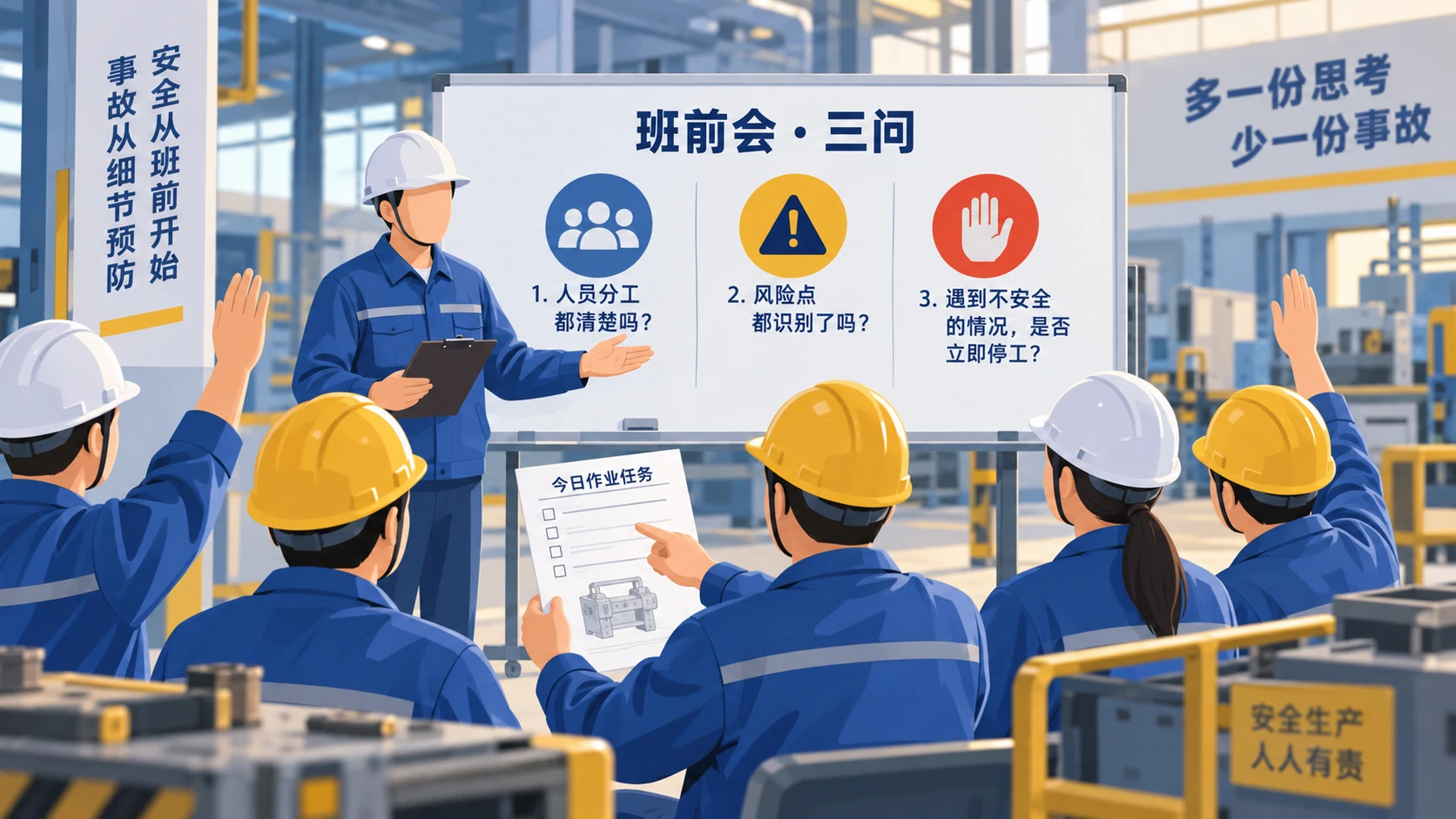 班前会上班组长用三类问题引导员工复述任务风险和停工条件的示意图