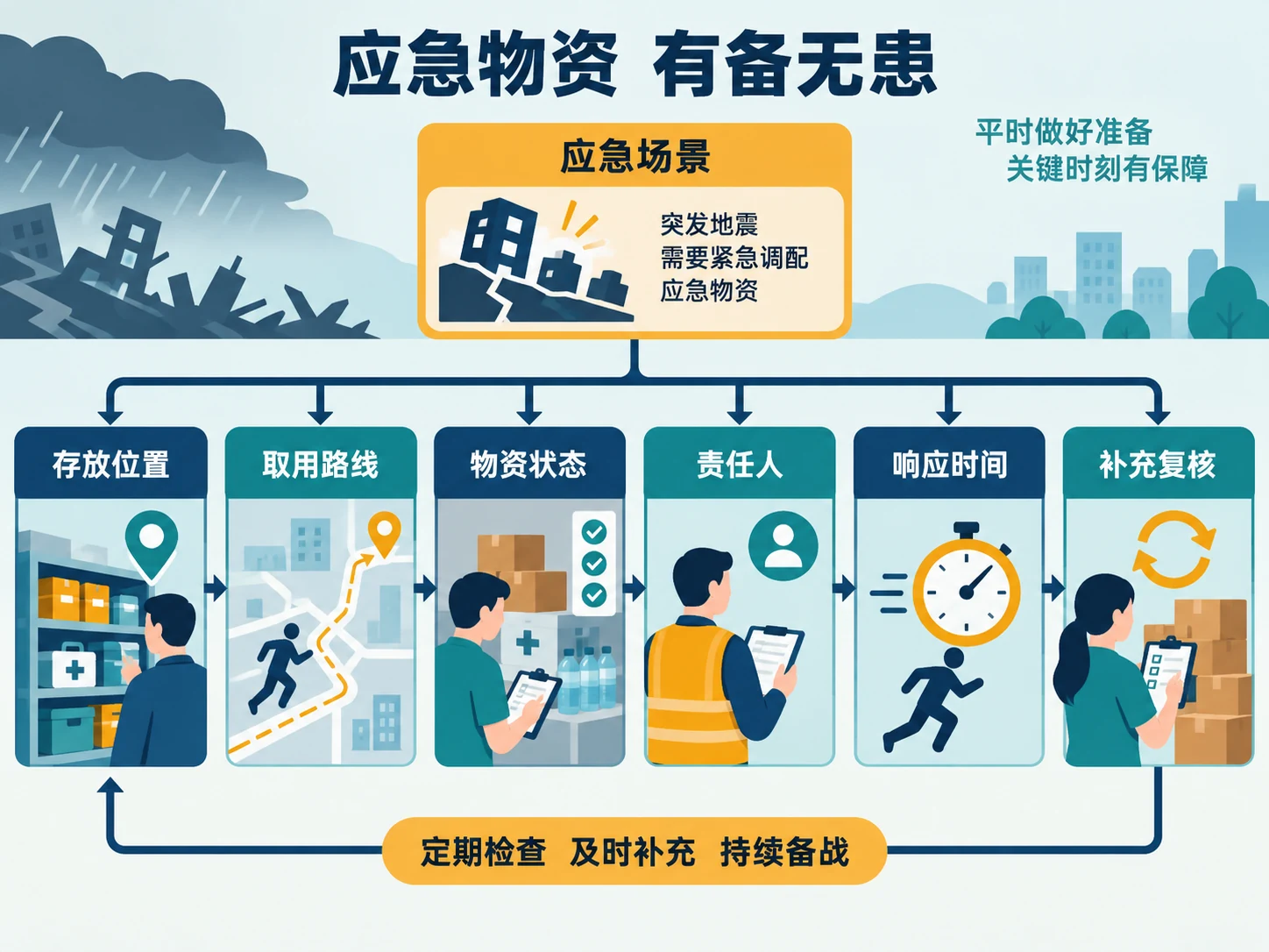 AI生成示意图:应急物资位置、权限、状态、责任、响应时间和补充记录关系示意。