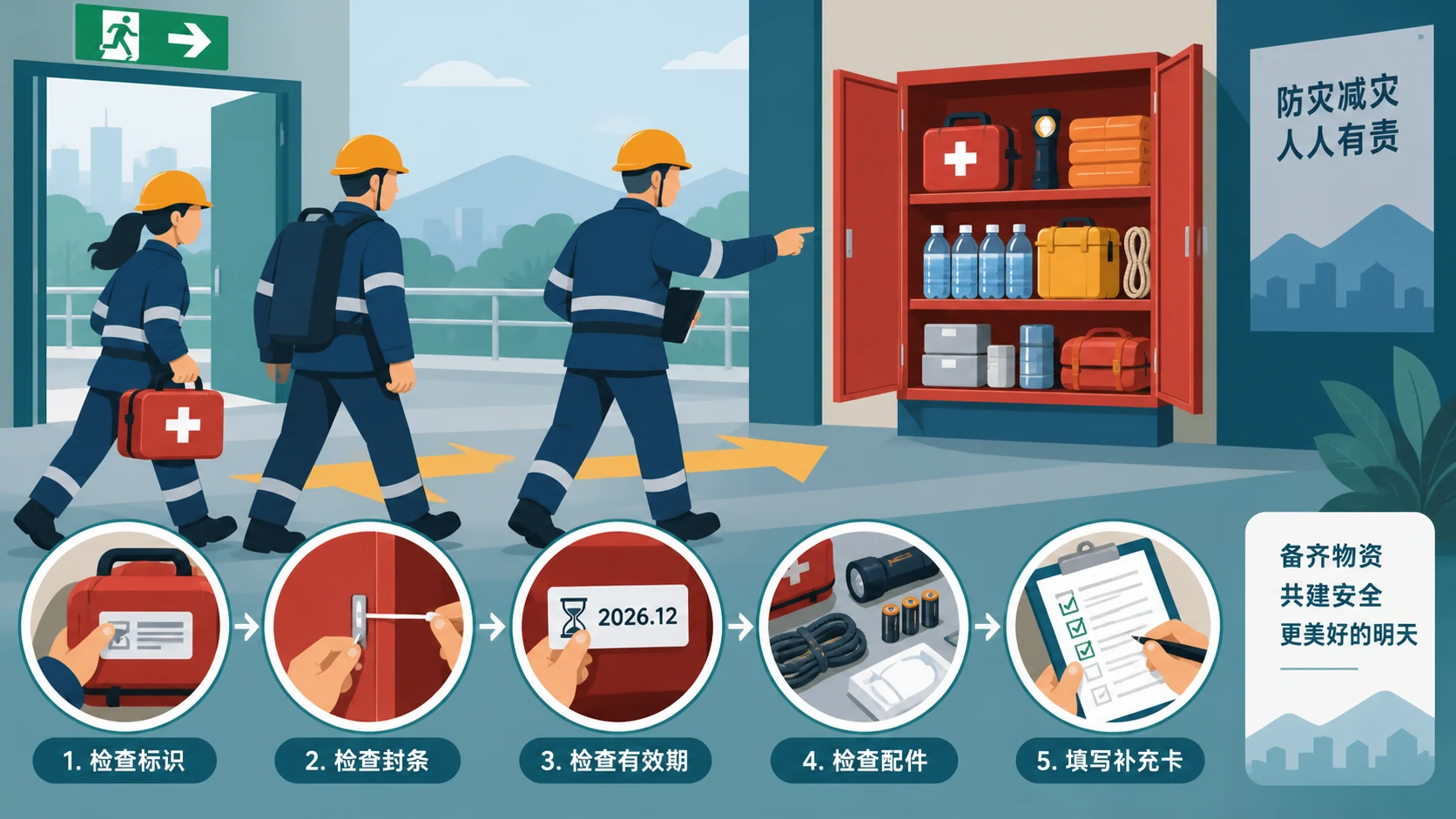 AI生成示意图:应急物资从场景需求、位置取用、状态检查到补充复查的关系示意,不表示物资已经正式验收。
