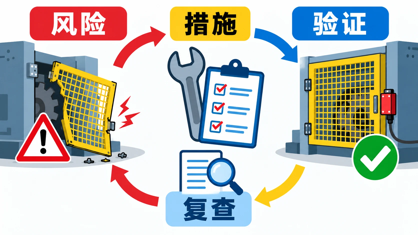 AI生成示意图:机械设备防护装置反复失效的原因与闭环