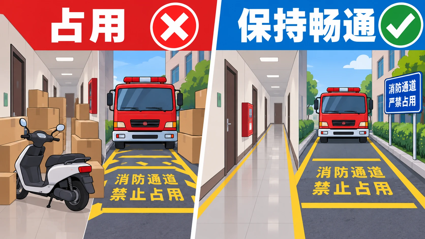 AI生成示意图:消防通道被占用与治理后的清晰通行状态