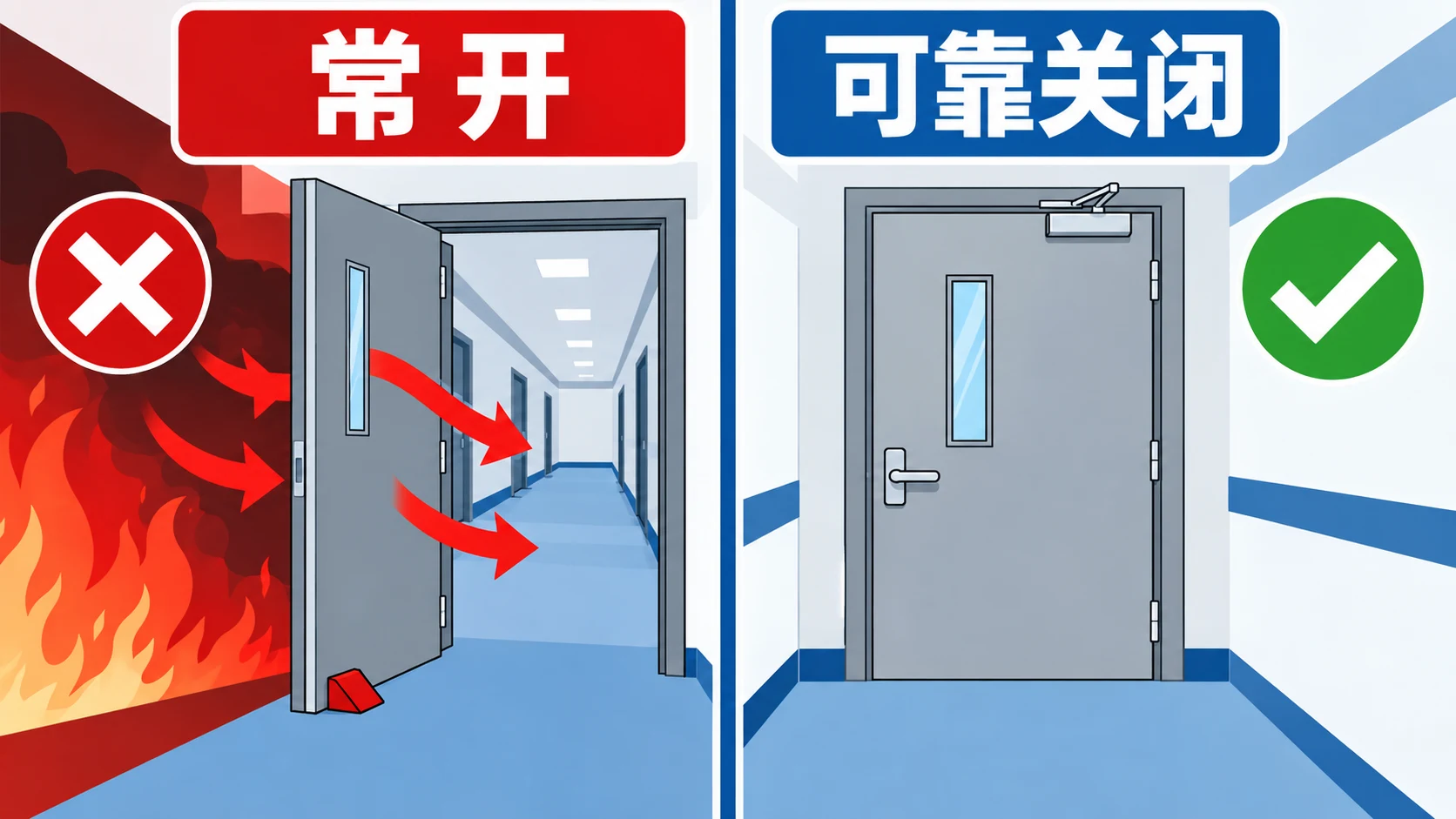 AI生成示意图:防火门常开问题与整改后的可靠关闭状态