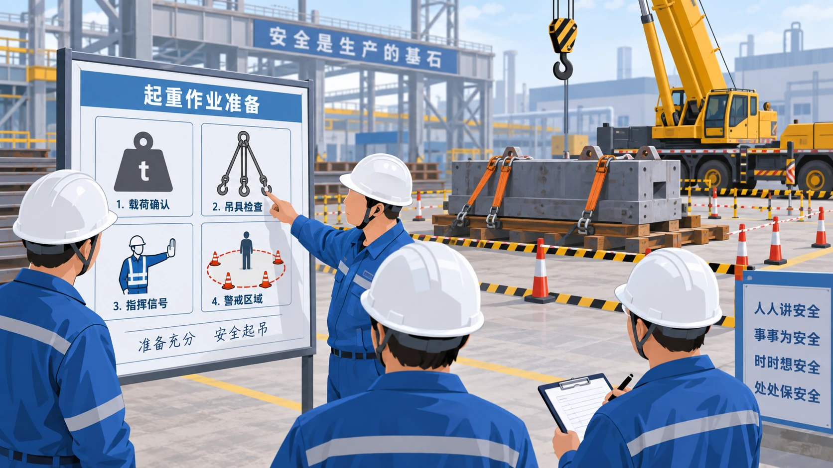 起重作业前人员围绕吊运任务卡确认载荷、吊具、指挥和警戒的示意图