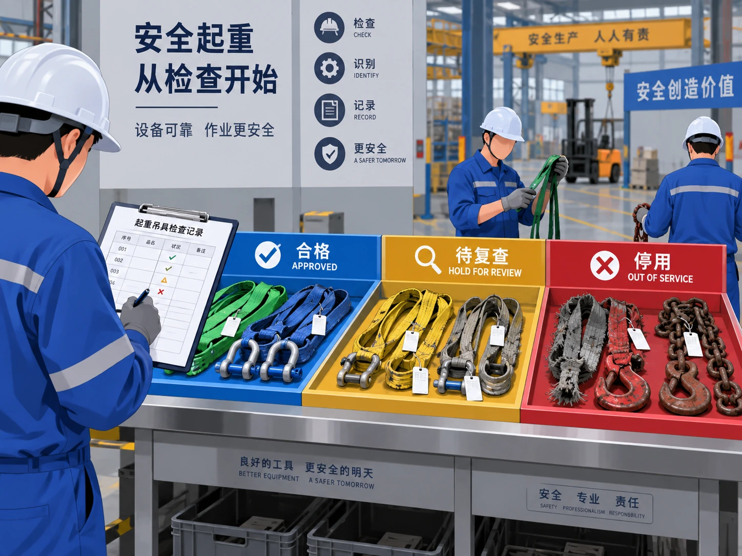 吊具检查台上将合格、待复查和停用吊具分区并记录编号状态的示意图