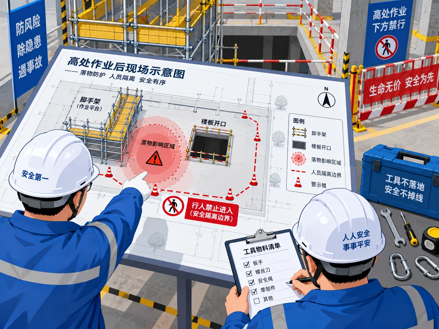 高处作业平面图标出临边、洞口、工具落物范围和下方警戒区的示意图