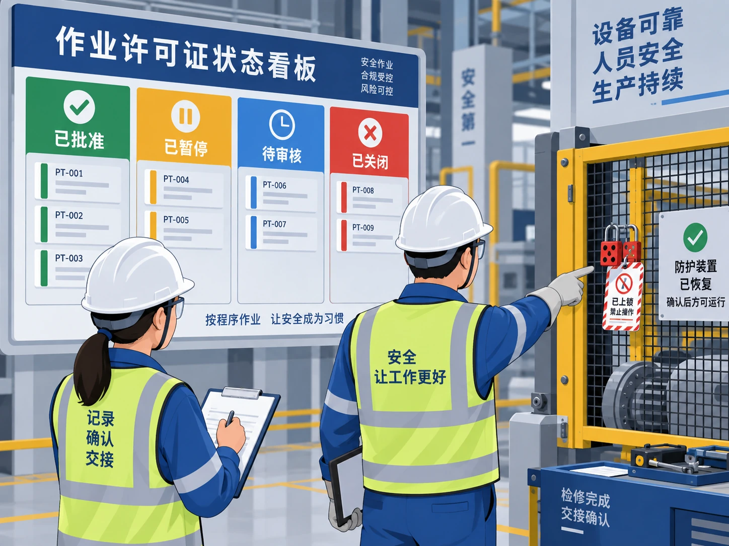 作业票状态板标出批准、暂停、待复核和关闭四种状态的示意图
