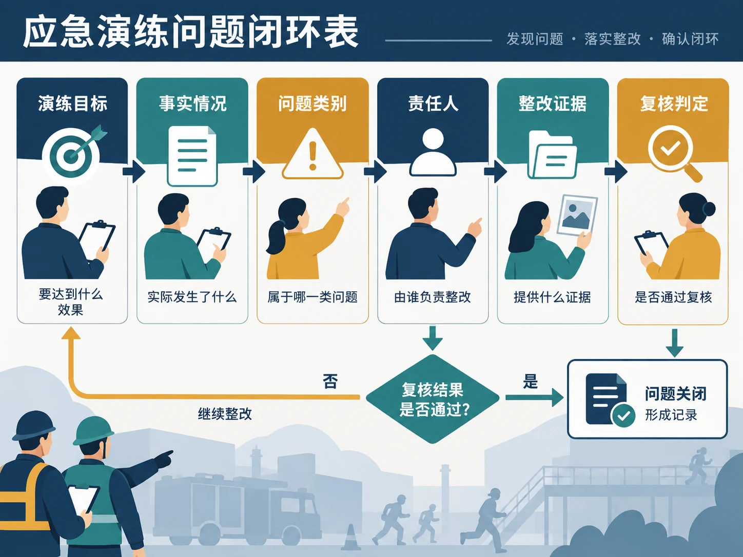 AI生成示意图:演练事实、问题分类、责任人、整改证据和复查结论关系示意。