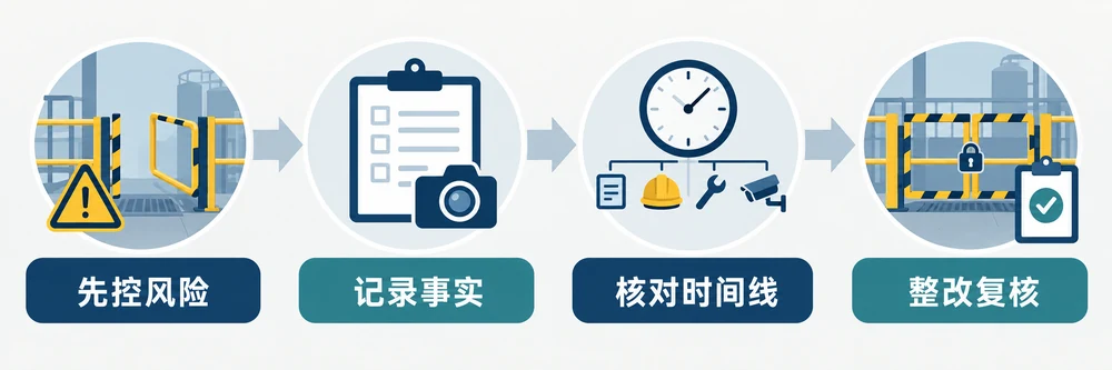 复查流程示意图：先控制当前风险，再记录现场事实、按时间线交叉核对并形成整改复核闭环