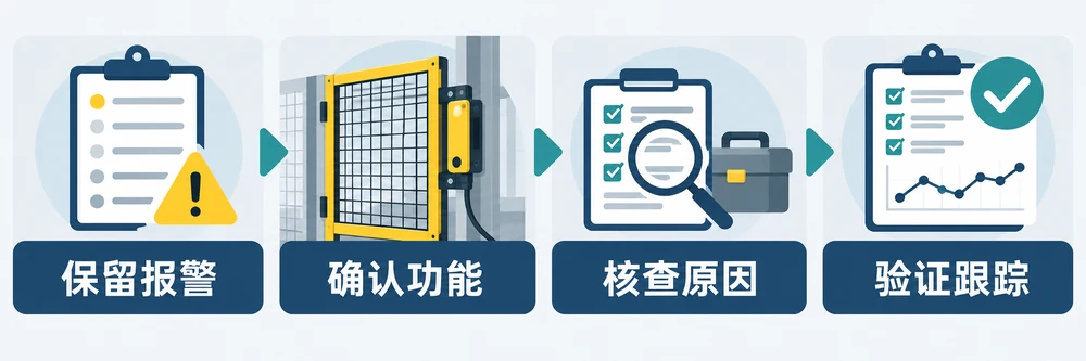 联锁报警复查流程示意图:保留报警事实、确认安全功能、核实原因、按程序验证并跟踪复发