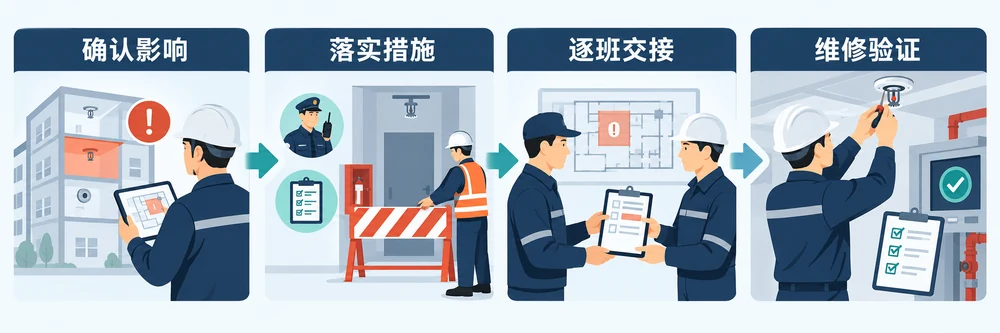 消防设施待维修闭环示意图：确认影响、落实临时措施、逐班交接、维修验证后关闭