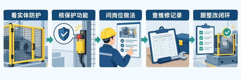 高风险设备复查闭环示意图：检查实体防护、核实保护功能、询问岗位做法、确认整改和复查证据